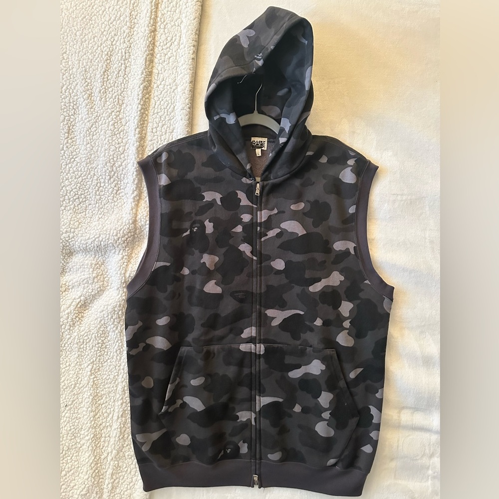 BAPE-A bathing Ape-Gray/Black sleeveless hoodie black gray camo size L